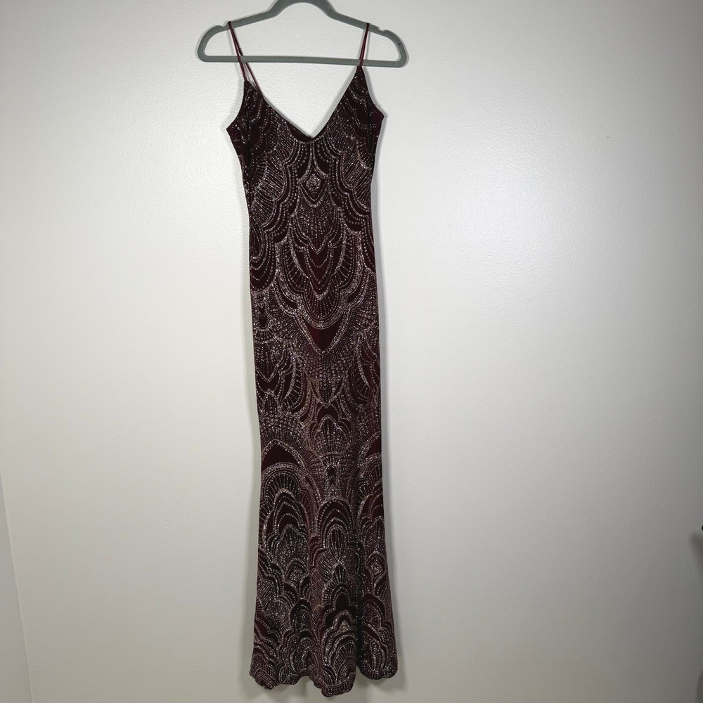 Jump Apparel Gown Womens 1/2 Burgundy Glitter Art Deco V-Neck Low Back Maxi